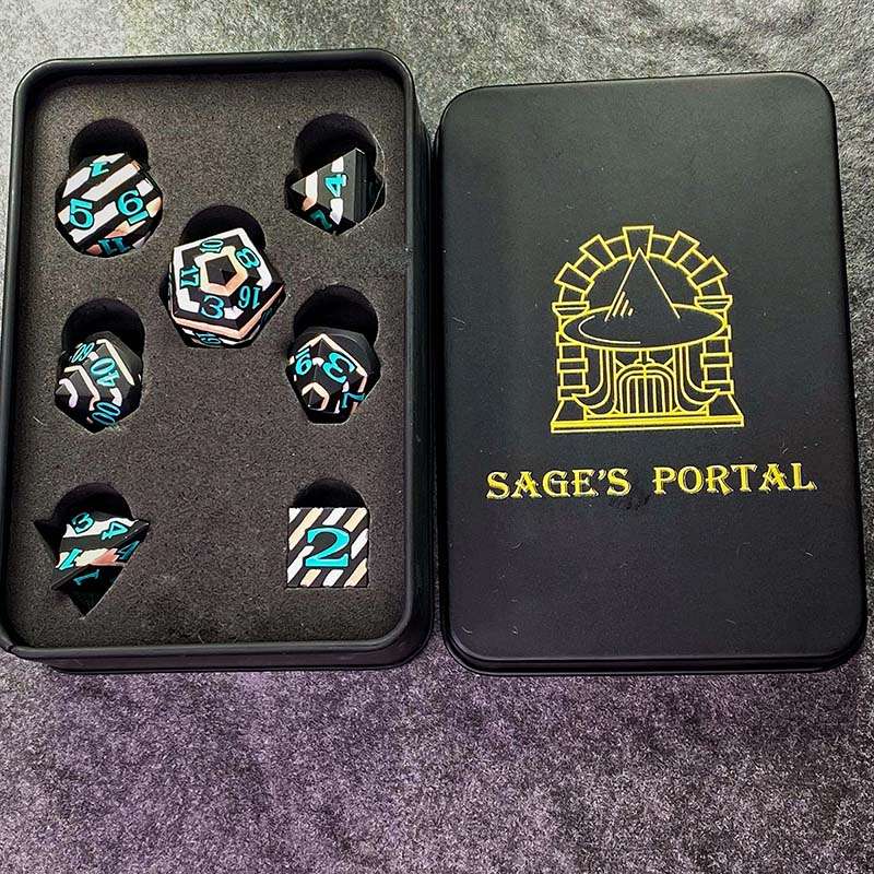 Sage's Dimension Stones - Black White Tan Stripes Turquoise Ink Metal Polyhedral Dice Set - Sage's PortalMetal Dice Set