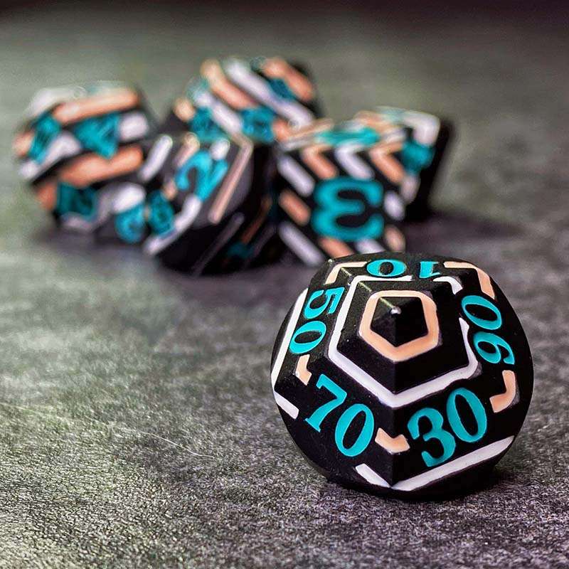 Sage's Dimension Stones - Black White Tan Stripes Turquoise Ink Metal Polyhedral Dice Set - Sage's PortalMetal Dice Set