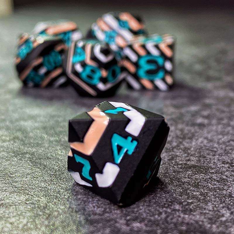 Sage's Dimension Stones - Black White Tan Stripes Turquoise Ink Metal Polyhedral Dice Set - Sage's PortalMetal Dice Set