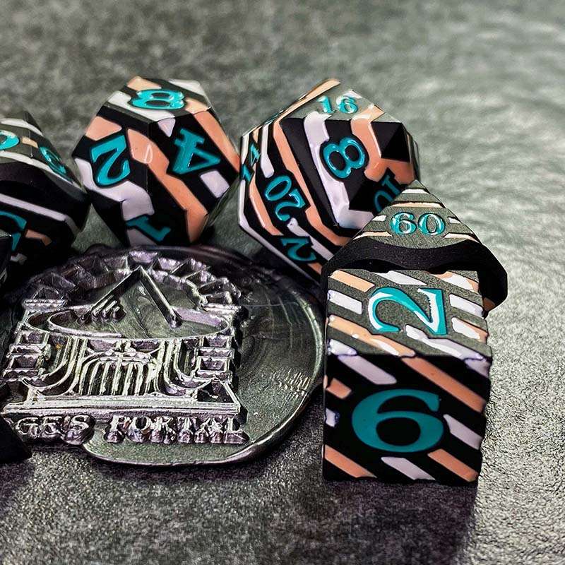 Sage's Dimension Stones - Black White Tan Stripes Turquoise Ink Metal Polyhedral Dice Set - Sage's PortalMetal Dice Set