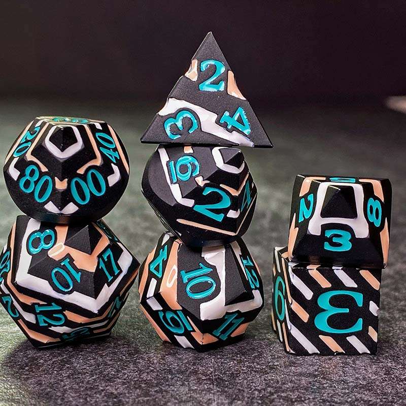 Sage's Dimension Stones - Black White Tan Stripes Turquoise Ink Metal Polyhedral Dice Set - Sage's PortalMetal Dice Set