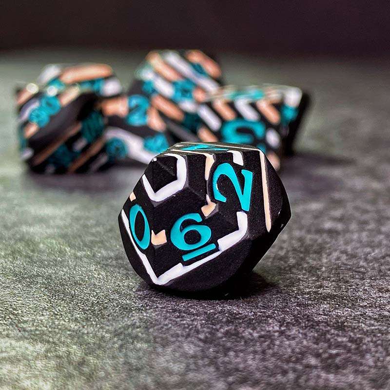 Sage's Dimension Stones - Black White Tan Stripes Turquoise Ink Metal Polyhedral Dice Set - Sage's PortalMetal Dice Set