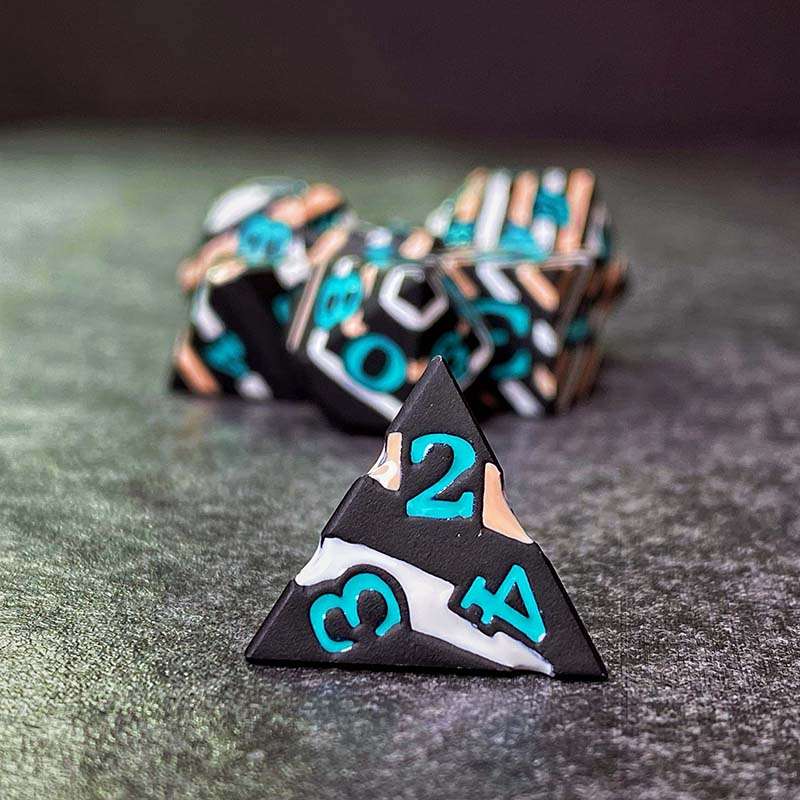 Sage's Dimension Stones - Black White Tan Stripes Turquoise Ink Metal Polyhedral Dice Set - Sage's PortalMetal Dice Set