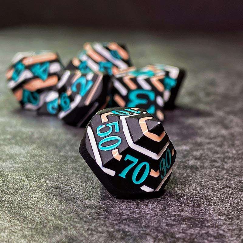 Sage's Dimension Stones - Black White Tan Stripes Turquoise Ink Metal Polyhedral Dice Set - Sage's PortalMetal Dice Set