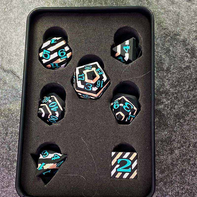 Sage's Dimension Stones - Black White Tan Stripes Turquoise Ink Metal Polyhedral Dice Set - Sage's PortalMetal Dice Set