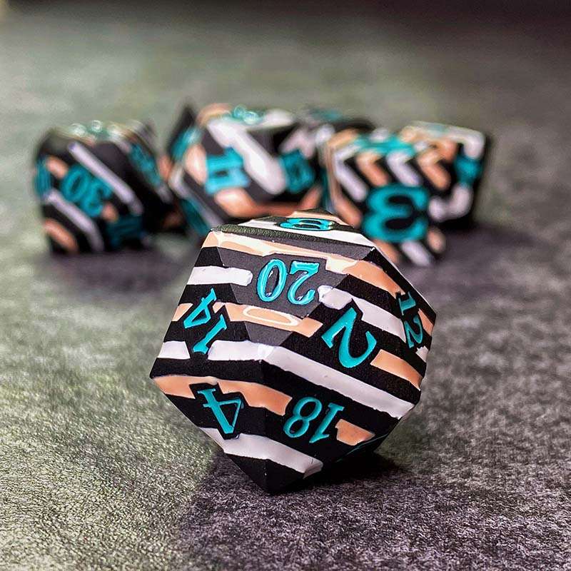 Sage's Dimension Stones - Black White Tan Stripes Turquoise Ink Metal Polyhedral Dice Set - Sage's PortalMetal Dice Set