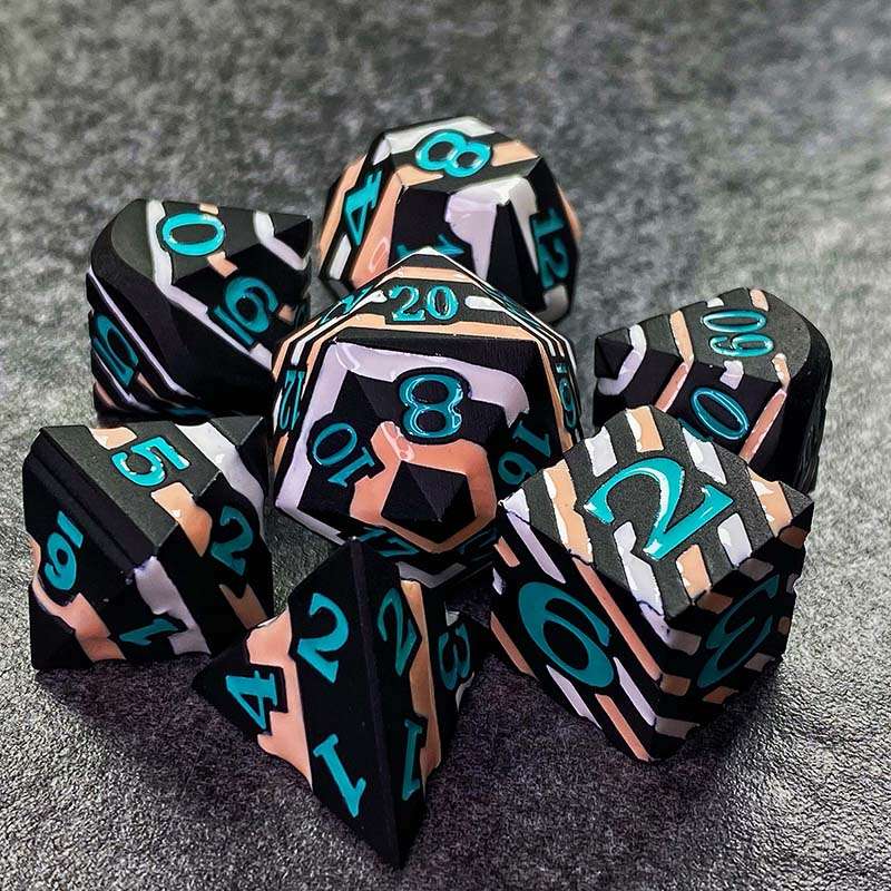 Sage's Dimension Stones - Black White Tan Stripes Turquoise Ink Metal Polyhedral Dice Set - Sage's PortalMetal Dice Set