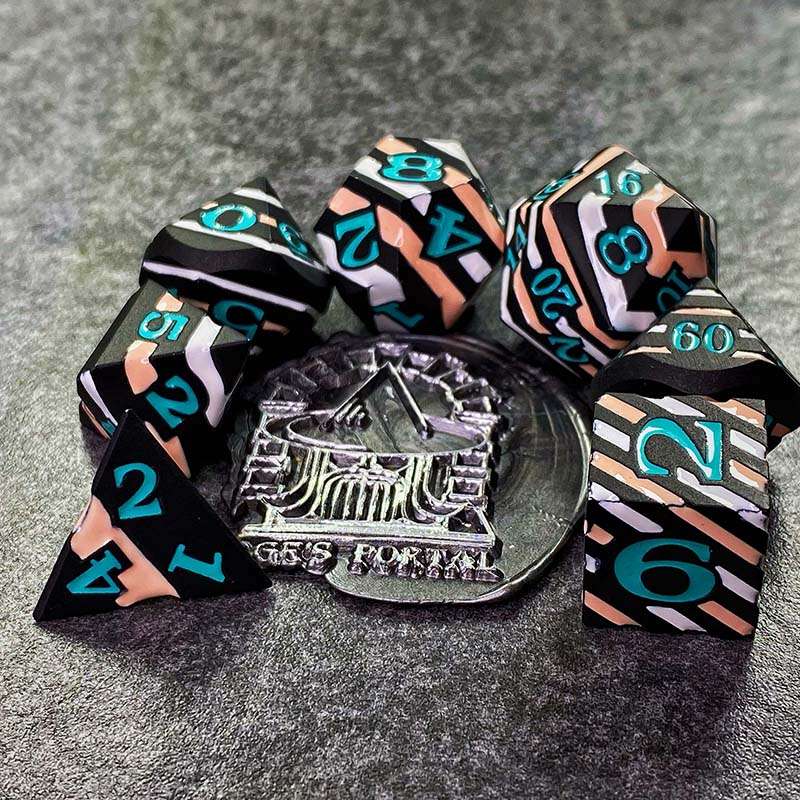 Sage's Dimension Stones - Black White Tan Stripes Turquoise Ink Metal Polyhedral Dice Set - Sage's PortalMetal Dice Set