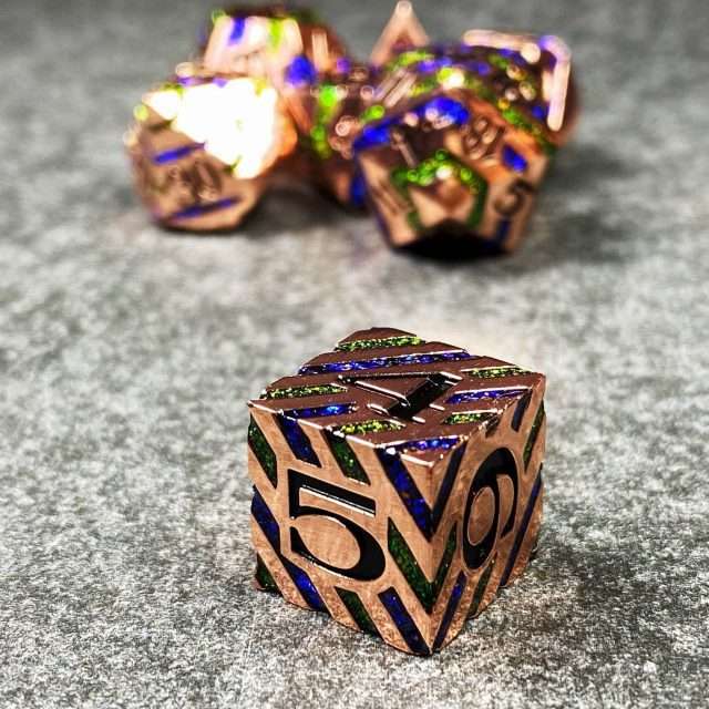 Sage's Dimension Stones - Copper Blue/Green Glitter Stripes Metal Polyhedral Dice Set - Sage's PortalMetal Dice Set