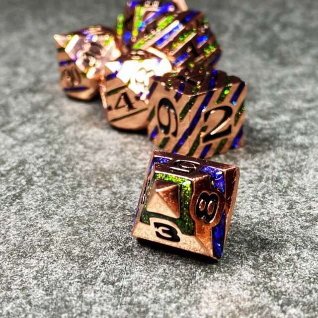 Sage's Dimension Stones - Copper Blue/Green Glitter Stripes Metal Polyhedral Dice Set - Sage's PortalMetal Dice Set