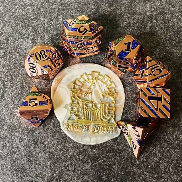 Sage's Dimension Stones - Copper Blue/Green Glitter Stripes Metal Polyhedral Dice Set - Sage's PortalMetal Dice Set