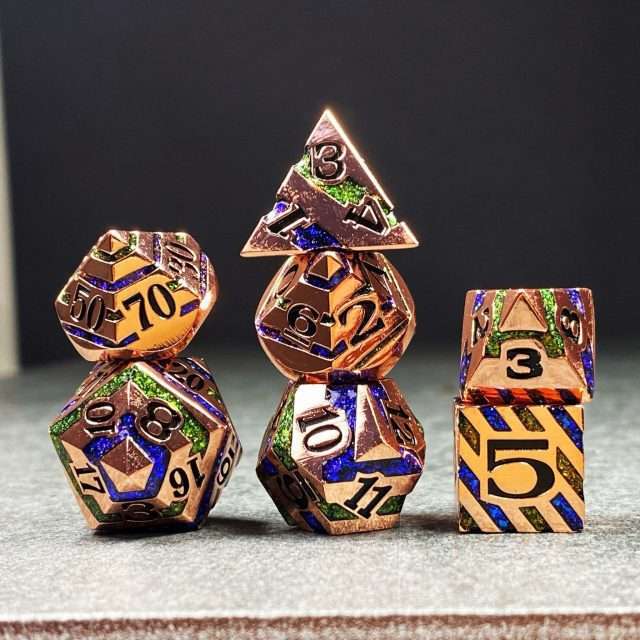 Sage's Dimension Stones - Copper Blue/Green Glitter Stripes Metal Polyhedral Dice Set - Sage's PortalMetal Dice Set