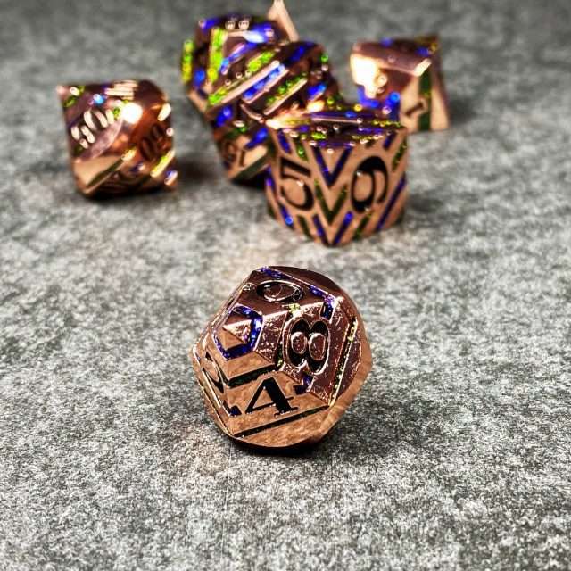Sage's Dimension Stones - Copper Blue/Green Glitter Stripes Metal Polyhedral Dice Set - Sage's PortalMetal Dice Set