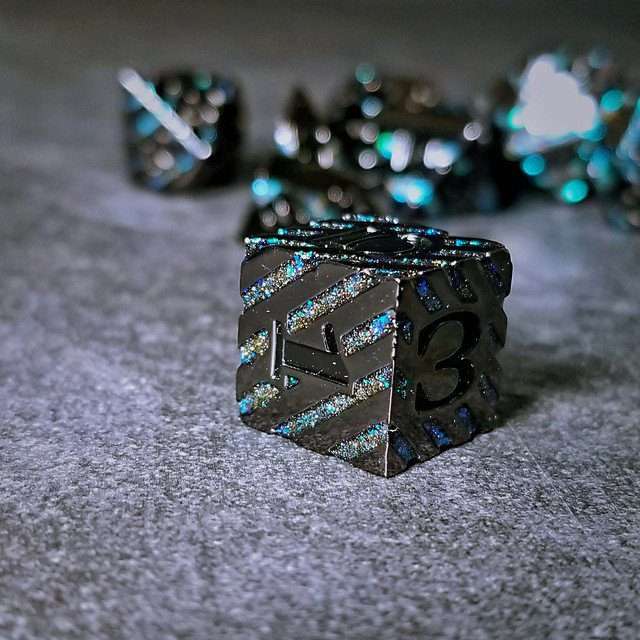 Sage's Dimension Stones - Gloss Black Aquamarine Glitter Stripes Black Ink Metal Polyhedral Dice Set - Sage's PortalMetal Dice Set