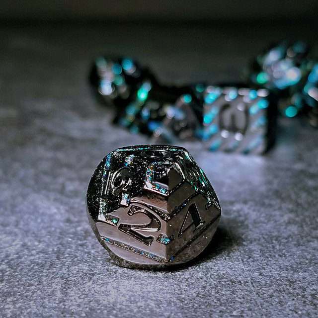 Sage's Dimension Stones - Gloss Black Aquamarine Glitter Stripes Black Ink Metal Polyhedral Dice Set - Sage's PortalMetal Dice Set