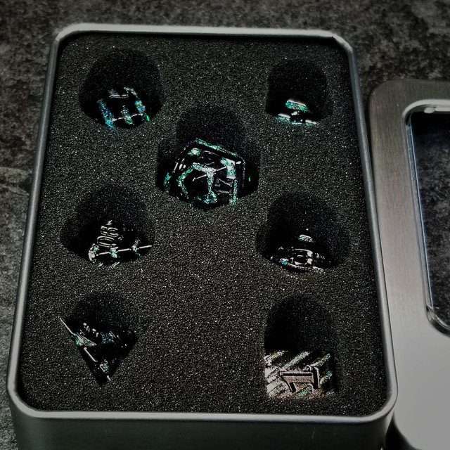 Sage's Dimension Stones - Gloss Black Aquamarine Glitter Stripes Black Ink Metal Polyhedral Dice Set - Sage's PortalMetal Dice Set