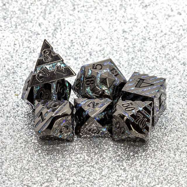 Sage's Dimension Stones - Gloss Black Aquamarine Glitter Stripes Black Ink Metal Polyhedral Dice Set - Sage's PortalMetal Dice Set