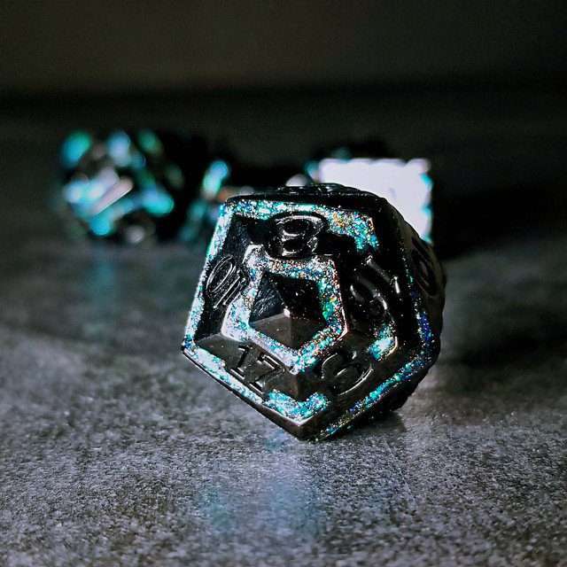 Sage's Dimension Stones - Gloss Black Aquamarine Glitter Stripes Black Ink Metal Polyhedral Dice Set - Sage's PortalMetal Dice Set