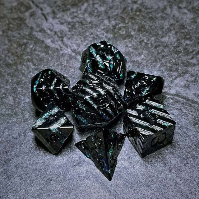 Sage's Dimension Stones - Gloss Black Aquamarine Glitter Stripes Black Ink Metal Polyhedral Dice Set - Sage's PortalMetal Dice Set