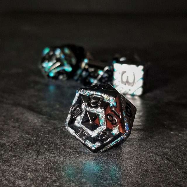 Sage's Dimension Stones - Gloss Black Aquamarine Glitter Stripes Black Ink Metal Polyhedral Dice Set - Sage's PortalMetal Dice Set
