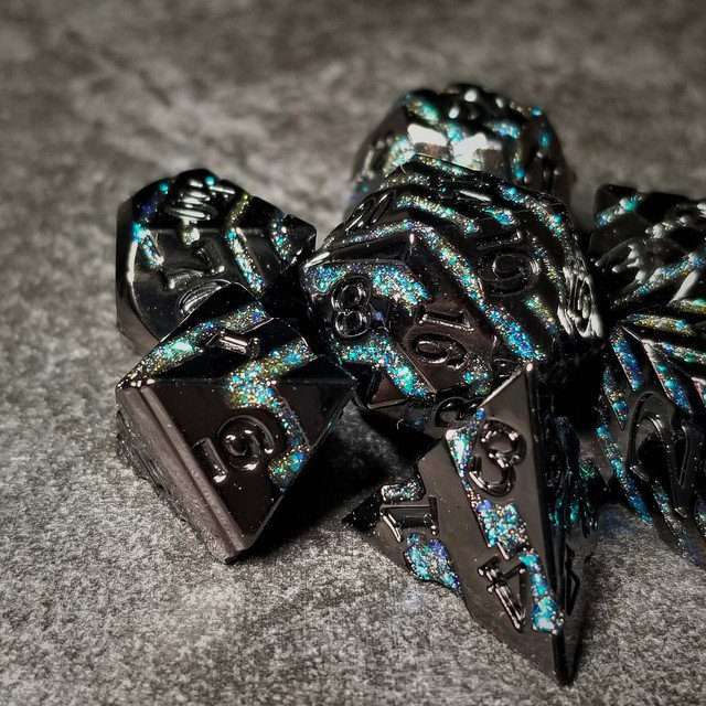 Sage's Dimension Stones - Gloss Black Aquamarine Glitter Stripes Black Ink Metal Polyhedral Dice Set - Sage's PortalMetal Dice Set