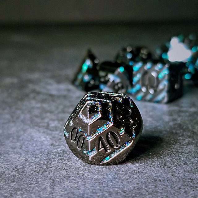 Sage's Dimension Stones - Gloss Black Aquamarine Glitter Stripes Black Ink Metal Polyhedral Dice Set - Sage's PortalMetal Dice Set