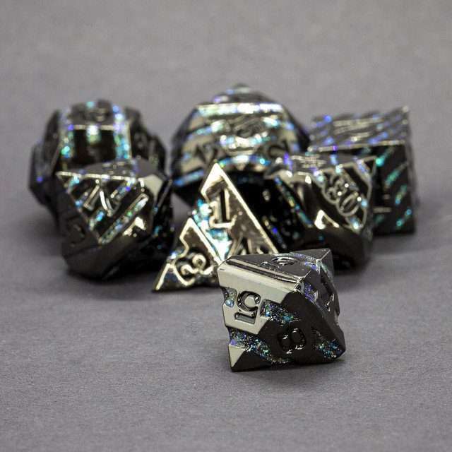 Sage's Dimension Stones - Gloss Black Aquamarine Glitter Stripes Black Ink Metal Polyhedral Dice Set - Sage's PortalMetal Dice Set