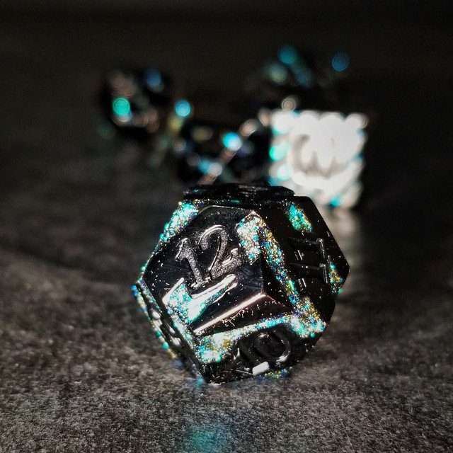 Sage's Dimension Stones - Gloss Black Aquamarine Glitter Stripes Black Ink Metal Polyhedral Dice Set - Sage's PortalMetal Dice Set