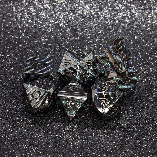 Sage's Dimension Stones - Gloss Black Aquamarine Glitter Stripes Black Ink Metal Polyhedral Dice Set - Sage's PortalMetal Dice Set