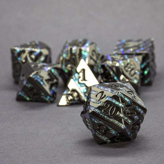 Sage's Dimension Stones - Gloss Black Aquamarine Glitter Stripes Black Ink Metal Polyhedral Dice Set - Sage's PortalMetal Dice Set