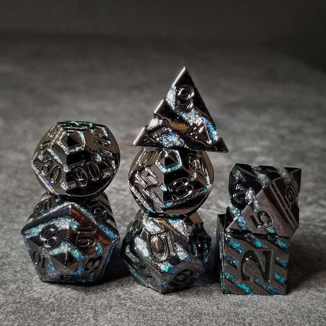 Sage's Dimension Stones - Gloss Black Aquamarine Glitter Stripes Black Ink Metal Polyhedral Dice Set - Sage's PortalMetal Dice Set