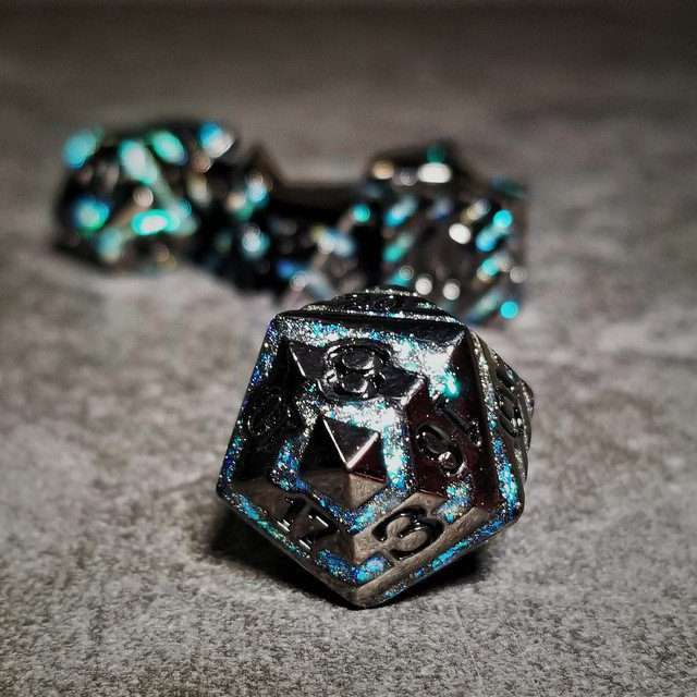 Sage's Dimension Stones - Gloss Black Aquamarine Glitter Stripes Black Ink Metal Polyhedral Dice Set - Sage's PortalMetal Dice Set