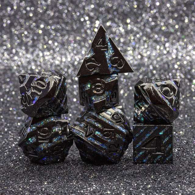 Sage's Dimension Stones - Gloss Black Aquamarine Glitter Stripes Black Ink Metal Polyhedral Dice Set - Sage's PortalMetal Dice Set