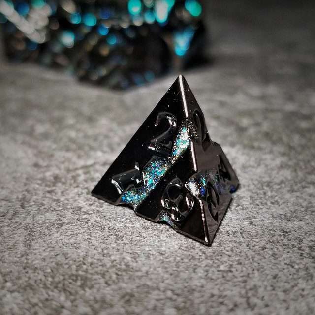 Sage's Dimension Stones - Gloss Black Aquamarine Glitter Stripes Black Ink Metal Polyhedral Dice Set - Sage's PortalMetal Dice Set
