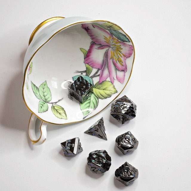 Sage's Dimension Stones - Gloss Black Aquamarine Glitter Stripes Black Ink Metal Polyhedral Dice Set - Sage's PortalMetal Dice Set