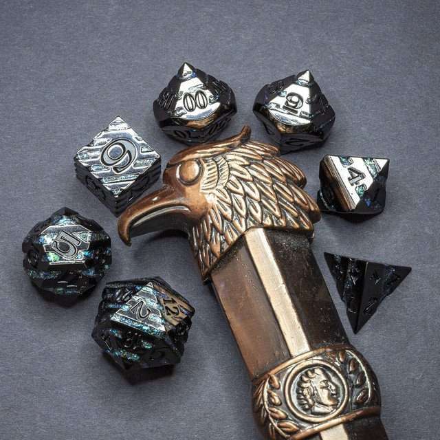 Sage's Dimension Stones - Gloss Black Aquamarine Glitter Stripes Black Ink Metal Polyhedral Dice Set - Sage's PortalMetal Dice Set