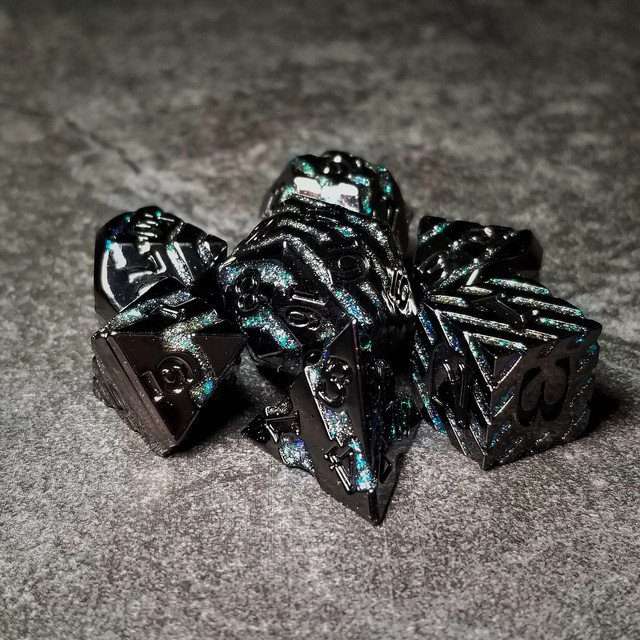 Sage's Dimension Stones - Gloss Black Aquamarine Glitter Stripes Black Ink Metal Polyhedral Dice Set - Sage's PortalMetal Dice Set