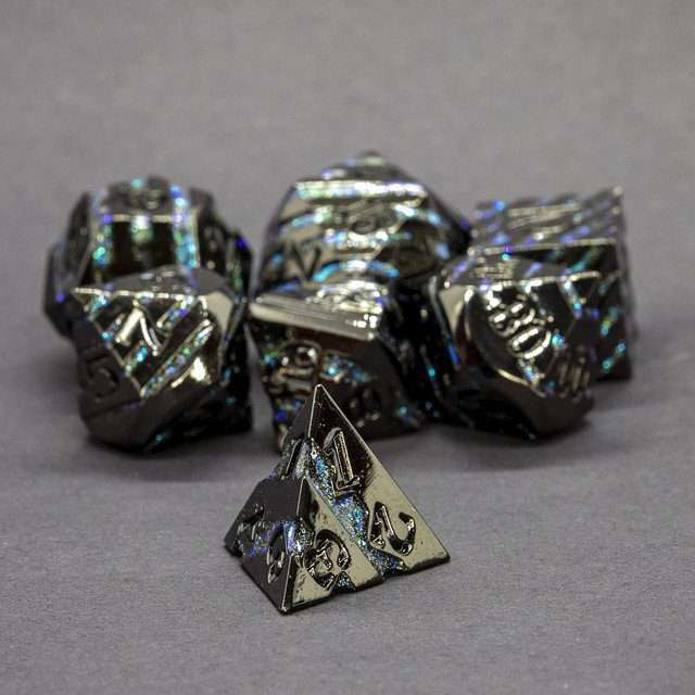 Sage's Dimension Stones - Gloss Black Aquamarine Glitter Stripes Black Ink Metal Polyhedral Dice Set - Sage's PortalMetal Dice Set