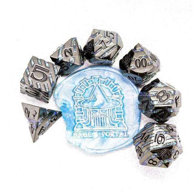 Sage's Dimension Stones - Gloss Black Aquamarine Glitter Stripes Black Ink Metal Polyhedral Dice Set - Sage's PortalMetal Dice Set