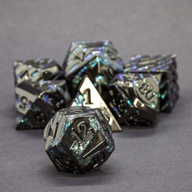 Sage's Dimension Stones - Gloss Black Aquamarine Glitter Stripes Black Ink Metal Polyhedral Dice Set - Sage's PortalMetal Dice Set