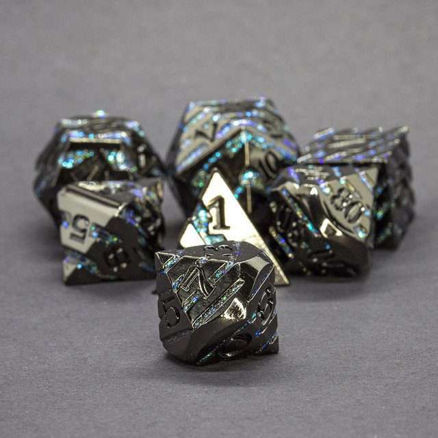 Sage's Dimension Stones - Gloss Black Aquamarine Glitter Stripes Black Ink Metal Polyhedral Dice Set - Sage's PortalMetal Dice Set