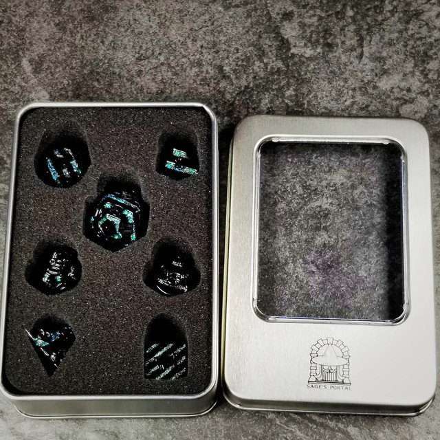 Sage's Dimension Stones - Gloss Black Aquamarine Glitter Stripes Black Ink Metal Polyhedral Dice Set - Sage's PortalMetal Dice Set
