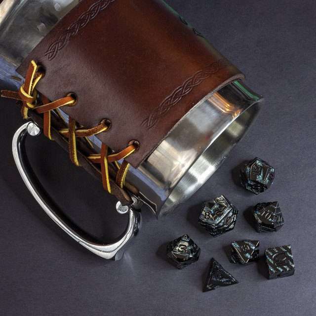 Sage's Dimension Stones - Gloss Black Aquamarine Glitter Stripes Black Ink Metal Polyhedral Dice Set - Sage's PortalMetal Dice Set