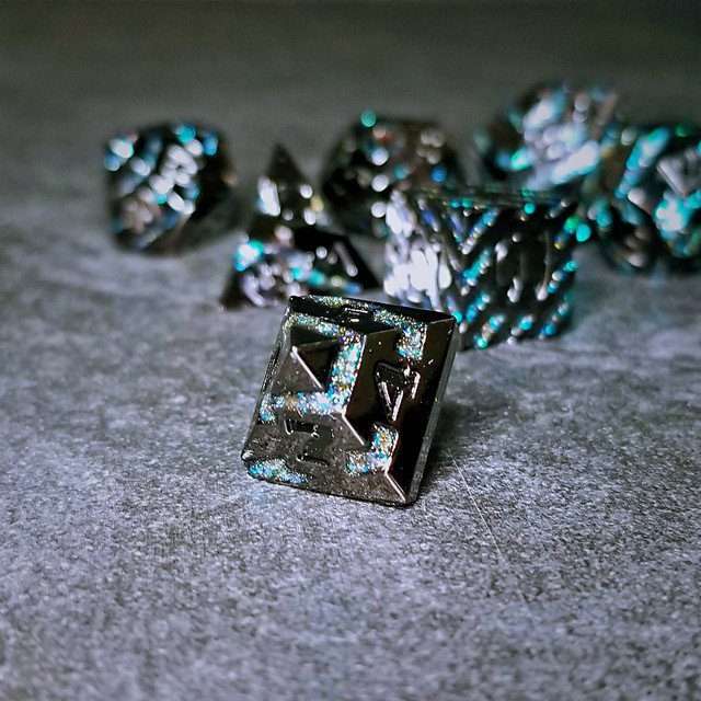 Sage's Dimension Stones - Gloss Black Aquamarine Glitter Stripes Black Ink Metal Polyhedral Dice Set - Sage's PortalMetal Dice Set