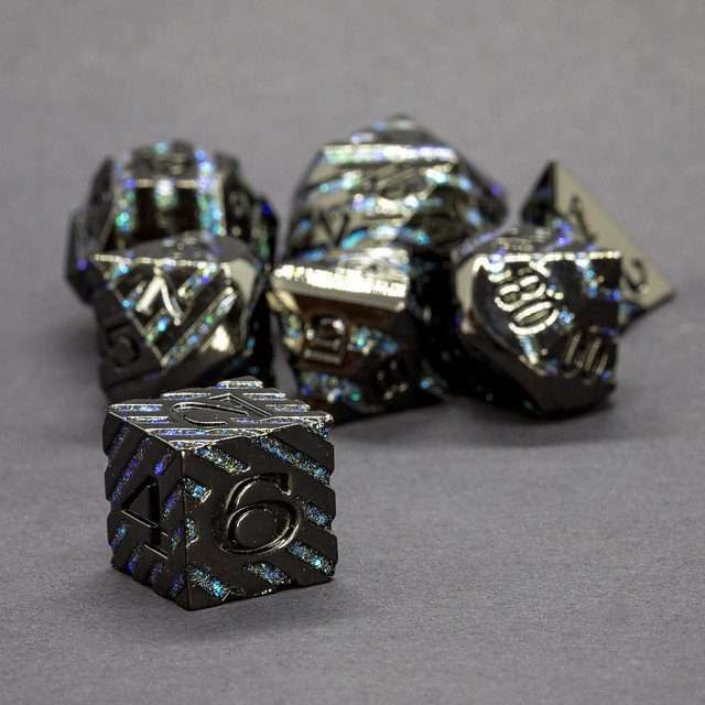 Sage's Dimension Stones - Gloss Black Aquamarine Glitter Stripes Black Ink Metal Polyhedral Dice Set - Sage's PortalMetal Dice Set