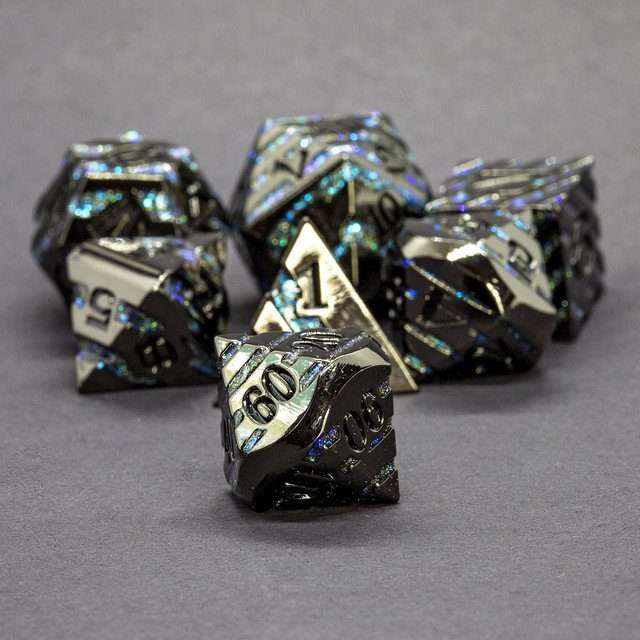 Sage's Dimension Stones - Gloss Black Aquamarine Glitter Stripes Black Ink Metal Polyhedral Dice Set - Sage's PortalMetal Dice Set