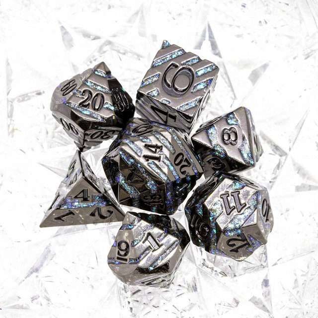 Sage's Dimension Stones - Gloss Black Aquamarine Glitter Stripes Black Ink Metal Polyhedral Dice Set - Sage's PortalMetal Dice Set