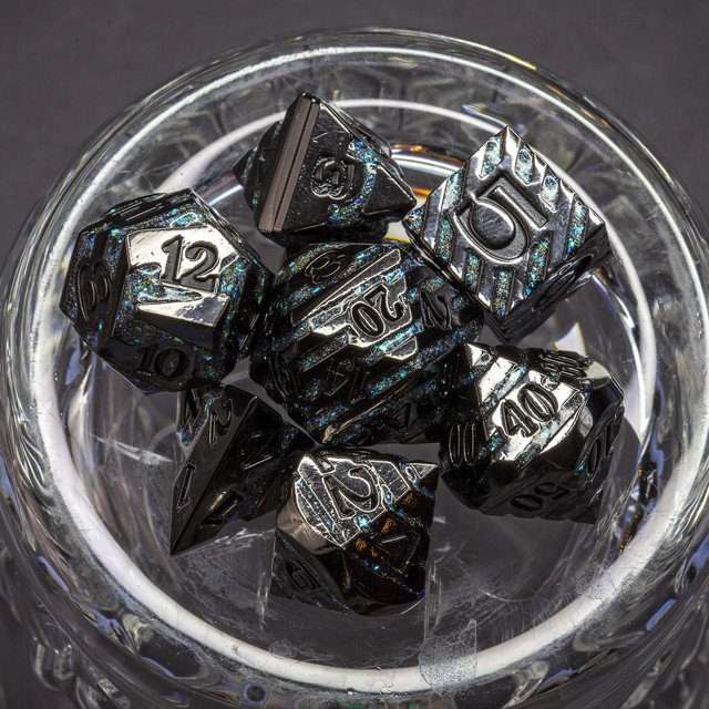 Sage's Dimension Stones - Gloss Black Aquamarine Glitter Stripes Black Ink Metal Polyhedral Dice Set - Sage's PortalMetal Dice Set