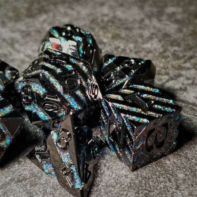 Sage's Dimension Stones - Gloss Black Aquamarine Glitter Stripes Black Ink Metal Polyhedral Dice Set - Sage's PortalMetal Dice Set