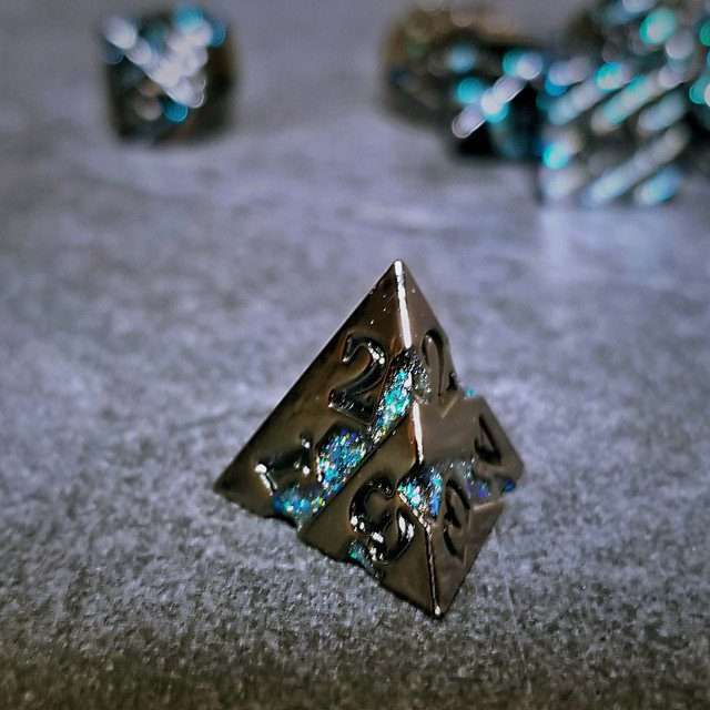 Sage's Dimension Stones - Gloss Black Aquamarine Glitter Stripes Black Ink Metal Polyhedral Dice Set - Sage's PortalMetal Dice Set